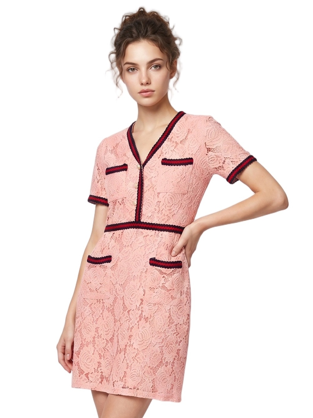 KAIMILAN pink lace mini dress LARGE  Short sleeve V neck Back zip Pockets Lined
